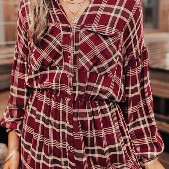 NWOT Plaid Mini Shirt Dress Elastic Waist Button Down Relaxed Style - Picture 3 of 10